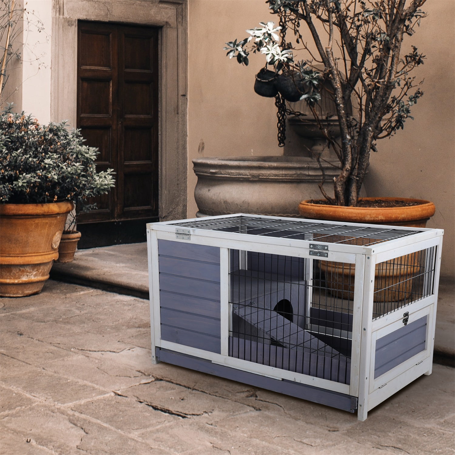 Pefilos 35" Wood Rabbit Hutch with Run Bunny Hutch for Indoor, Guinea Pig House, Gray Pefilos 35" Wood Rabbit Hutch with Run Bunny Hutch for Indoor, Guinea Pig House, Gray