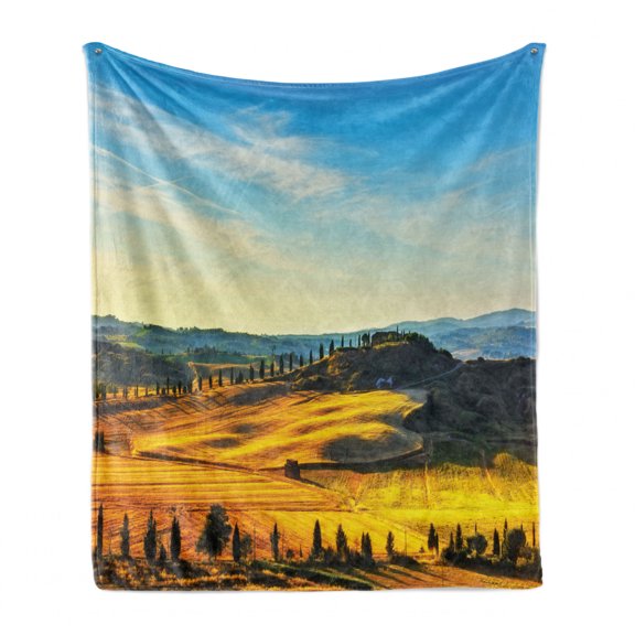 Italian Soft Flannel Fleece Blanket, Scenery of Italian Rural with Trees Meadows and Sky Mediterranean Farm Landscape, Cozy Plush for Indoor and Outdoor Use, 60" x 80", Blue Yellow, by Ambesonne