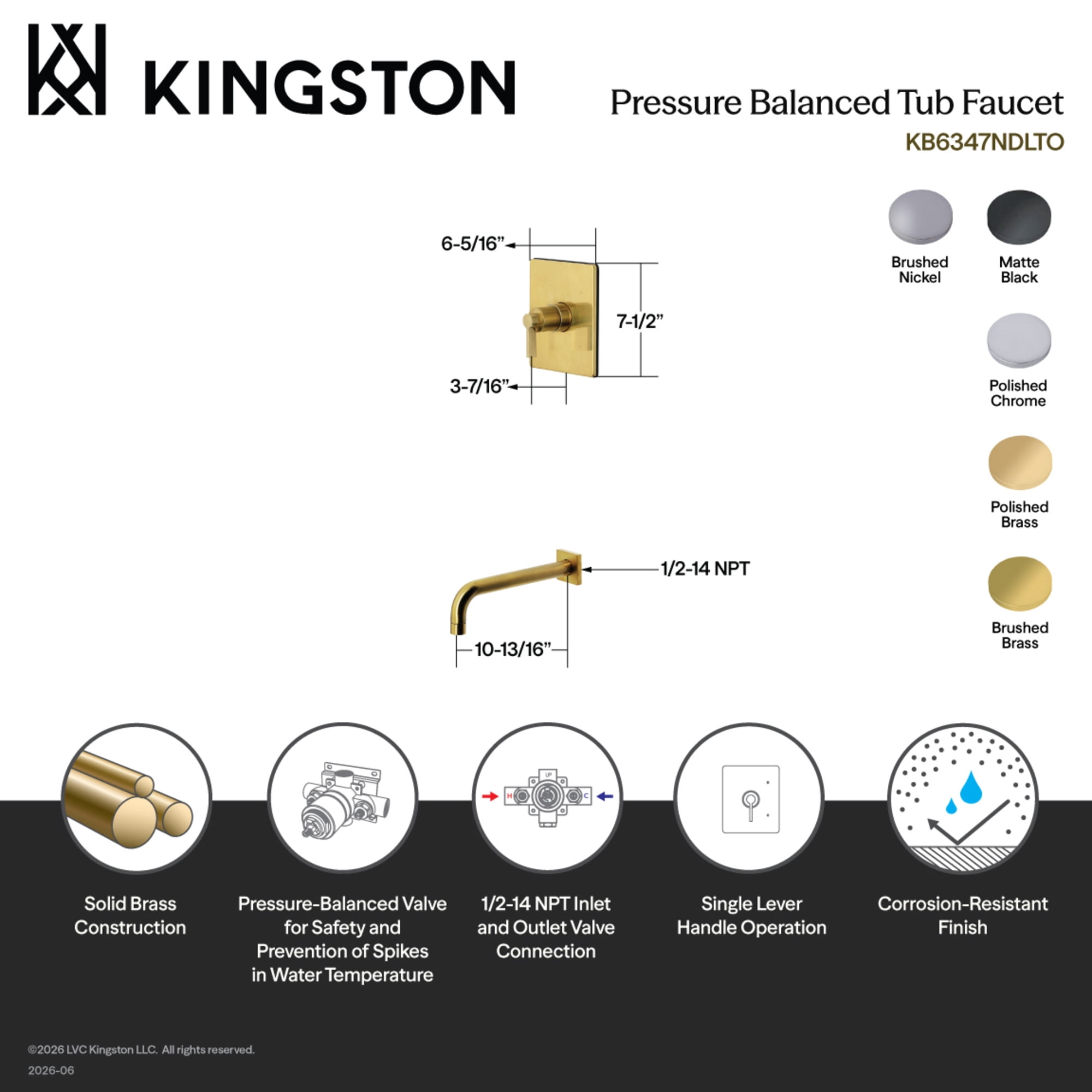 Kingston Brass KB6342NDLTO Nuvofusion Single-Handle Pressure Balanced Tub Faucet in Polished Brass