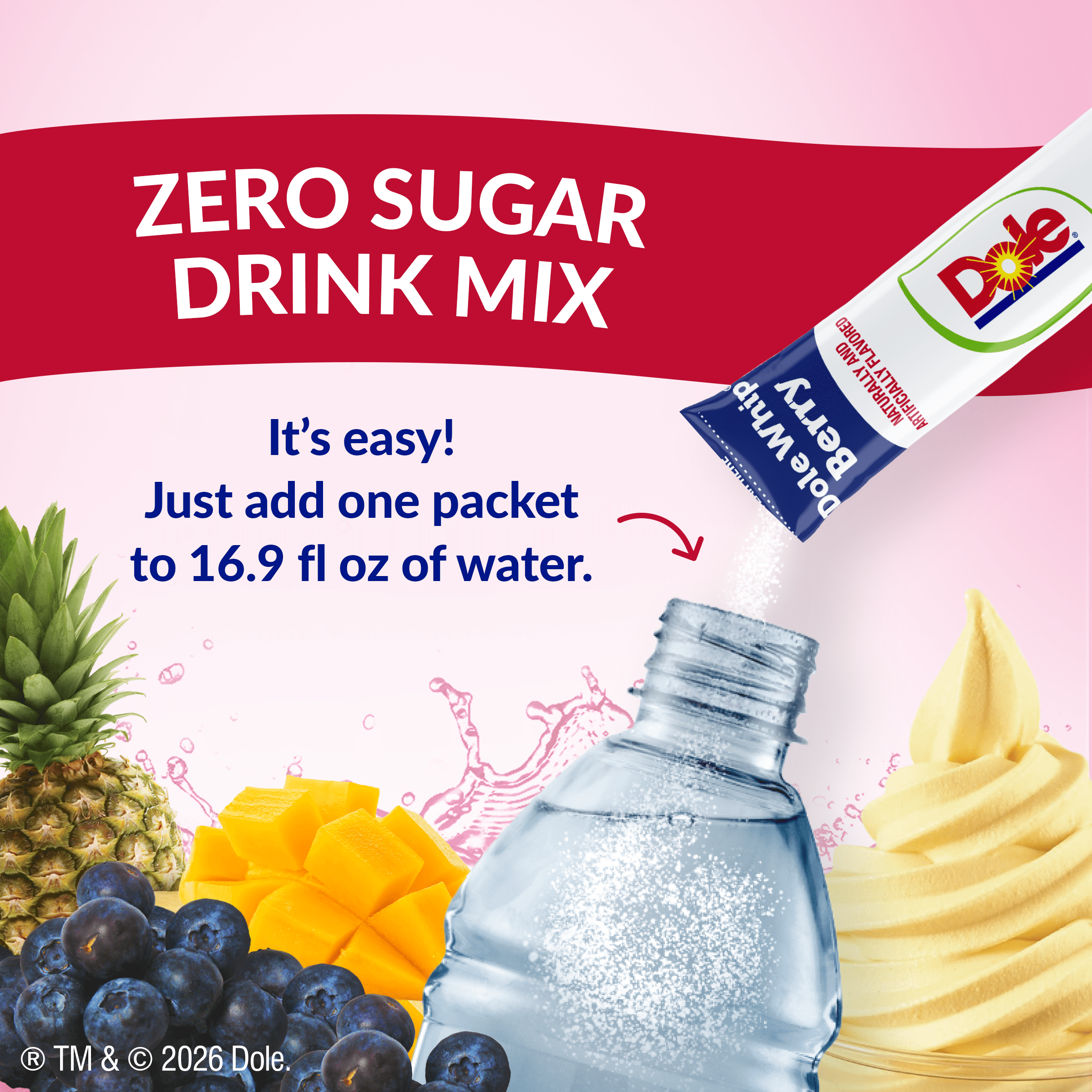 Dole Whip Powder Drink Mix Variety Pack, Pineapple, Mango, & Berry, Zero Sugar, 30 Sticks