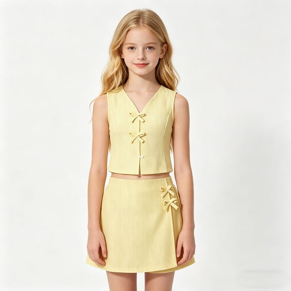 YMNXA Kids Girls Summer Outfit Sleeveless V Neck Bow Design Top And Skirt Fashion Comfortable 2 Piece Sets For Daily Wear,Yellow,9-10 Years