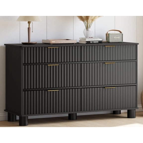 Fluted 6 Drawers Dresser for Bedroom, 53" Wide Black Dressers TV Stand, Modern Wooden Chest of Drawers, Closet Clothes Storage Organizer