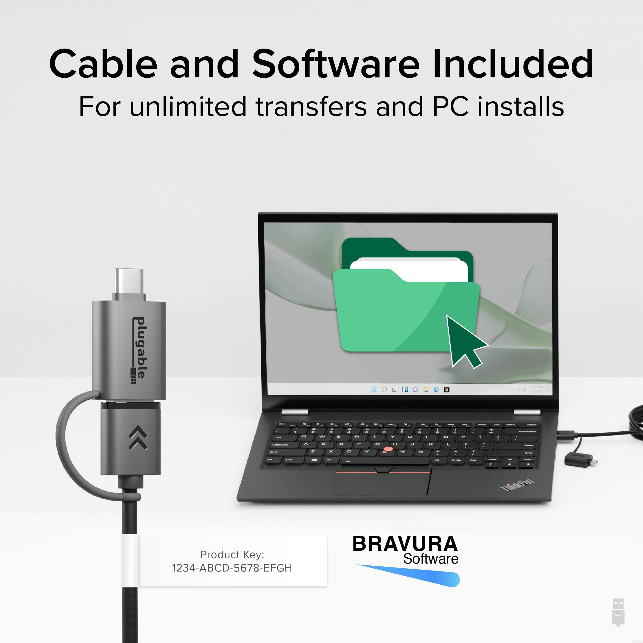 Plugable USB Data Transfer Cable PC to PC, Compatible with Windows USB C and USB 3.0, Transfer Files to New Computer with Included Bravura Easy Computer Sync Software, 6.6ft (USBC-TRAN)