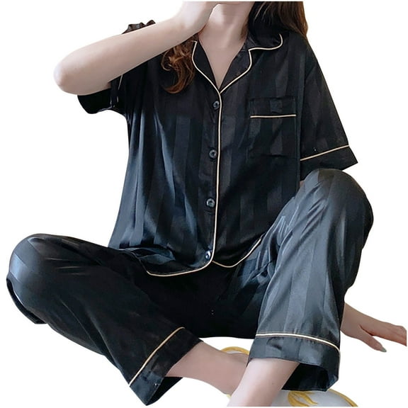 BLVB Womens Satin Pajama Sets Short Sleeve Sleepwear Soft Button down Shirts with Long Pants Nightwear Lounge Pj Set