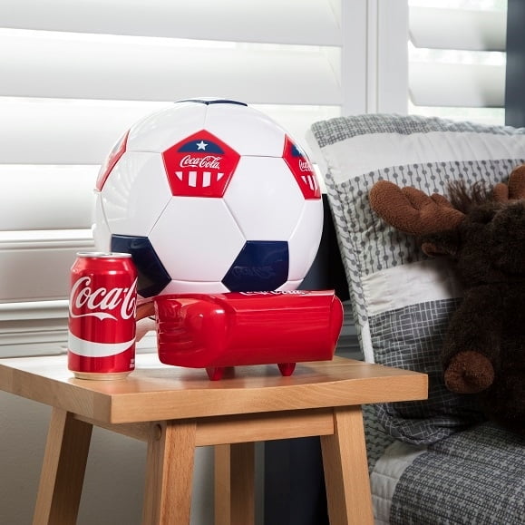 Coca-Cola Soccer Ball Mini Fridge, 5 Can Beverage Cooler White Red Black