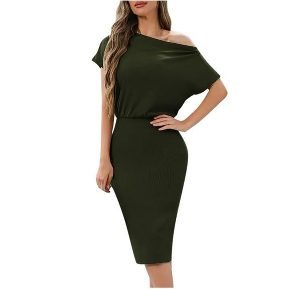 Women's Off The Shoulder Short Sleeve Ribbed Knit Dress Casual Party Bodycon Midi Dresses