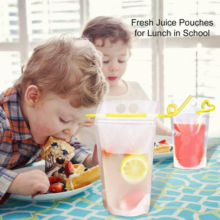 MUCH 50pcs Premium Plastic Drink Pouches with Straws,17oz Drink Bags  Container,Reusable Heavy Duty Handheld Translucent Drink Pouches