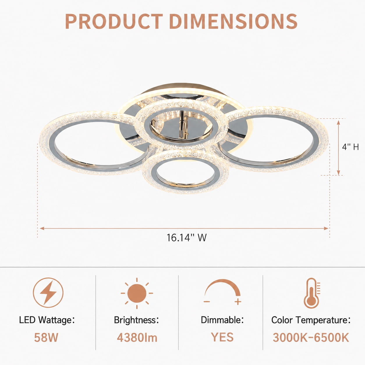Garwarm Chrome 6-Ring LED Ceiling Light, Modern Dimmable 3000K-6500K Flush Mount Ceiling Light with Remote, Acrylic Ring Ceiling Lamp Fixture for Living Room, Dining Room, Bedroom