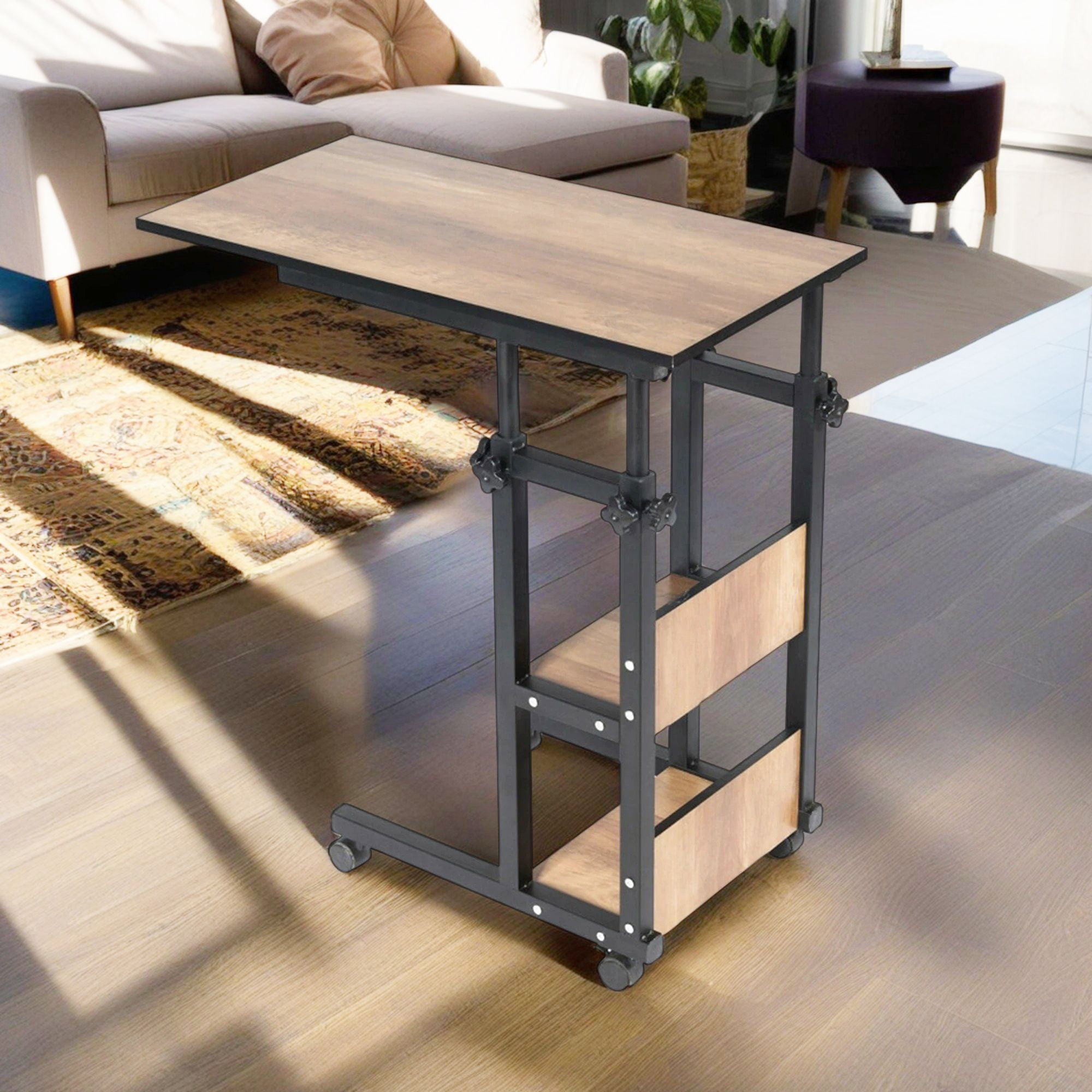 Demi Bonn C-Shape Mobile Snack End Table with Storage Shelves, Sofa Side Table, Bed Side Table, for Living Room, Bedroom, Brown
