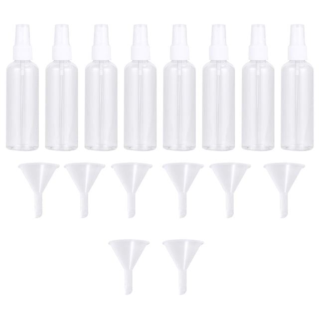 Juego de 16 botellas de spray de 30 ml con embudo, vacías, de plástico, rellenables, para viaje (4 botellas blancas, 4 botellas moradas y 8 embudos).