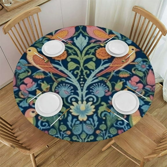 HAOXIT William Morris Botanical Tablecloth Green Strawberry Thief Floral Patterns Table Cloth for Round Polyester Fabric Table Cover Kitchen Dinning Decorations Washable