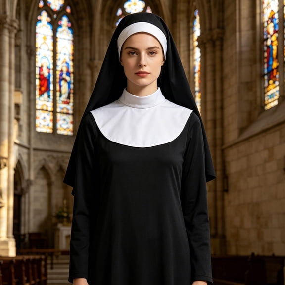 FASHOFT Halloween Costumes For Women Nun Habit Cosplay Outfit Easter Religious Role Play Fancy Dress For Holiday Party Halloween Costume Black L