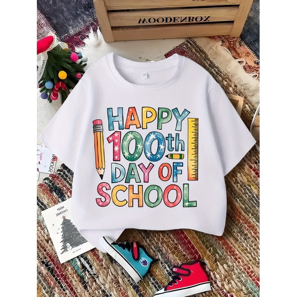Girls' 100th of School Graphic T-Shirt - Soft Cotton Casual Round Neck Tee with Colorful School Elements, Summer Casual Wear for Youngsters, Shirts for Girls, Everyday Youngsters'S Clothing, Comforta