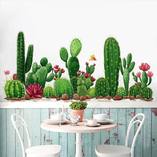 Adhesivos de pared de estilo nórdico con cactus y plantas de color verde vibrante