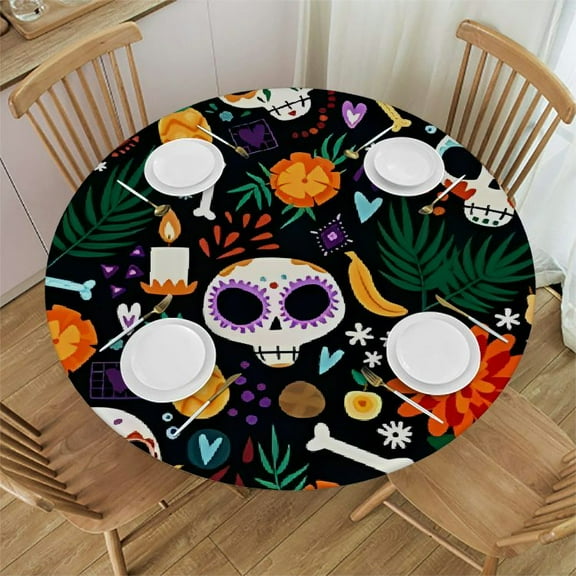 HAOXIT Fitted Round Tablecloth De Muertos,colorful skulls flowers day of dead halloween Table cover,Elastic Edged Table Cloth Fits Round Tables 31"-35