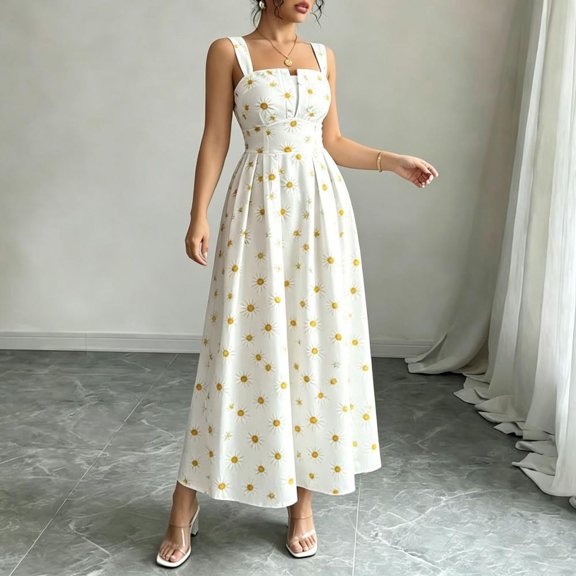 Bxsruta Womens Summer Sundress Bohemian Floral Print Long Dress Casual Flowy Vacation Apparel