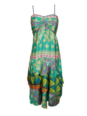 Mogul Women Ruffled Dress Spaghetti Strap Silk Sari Hippie chic Boho Style Sundress S/M