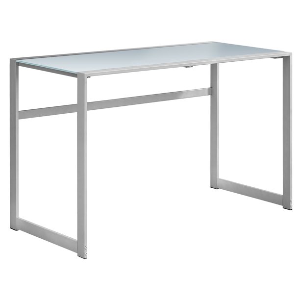 COMPUTER DESK 48"L / SILVER METAL/ WHITE TEMPERED GLASS
