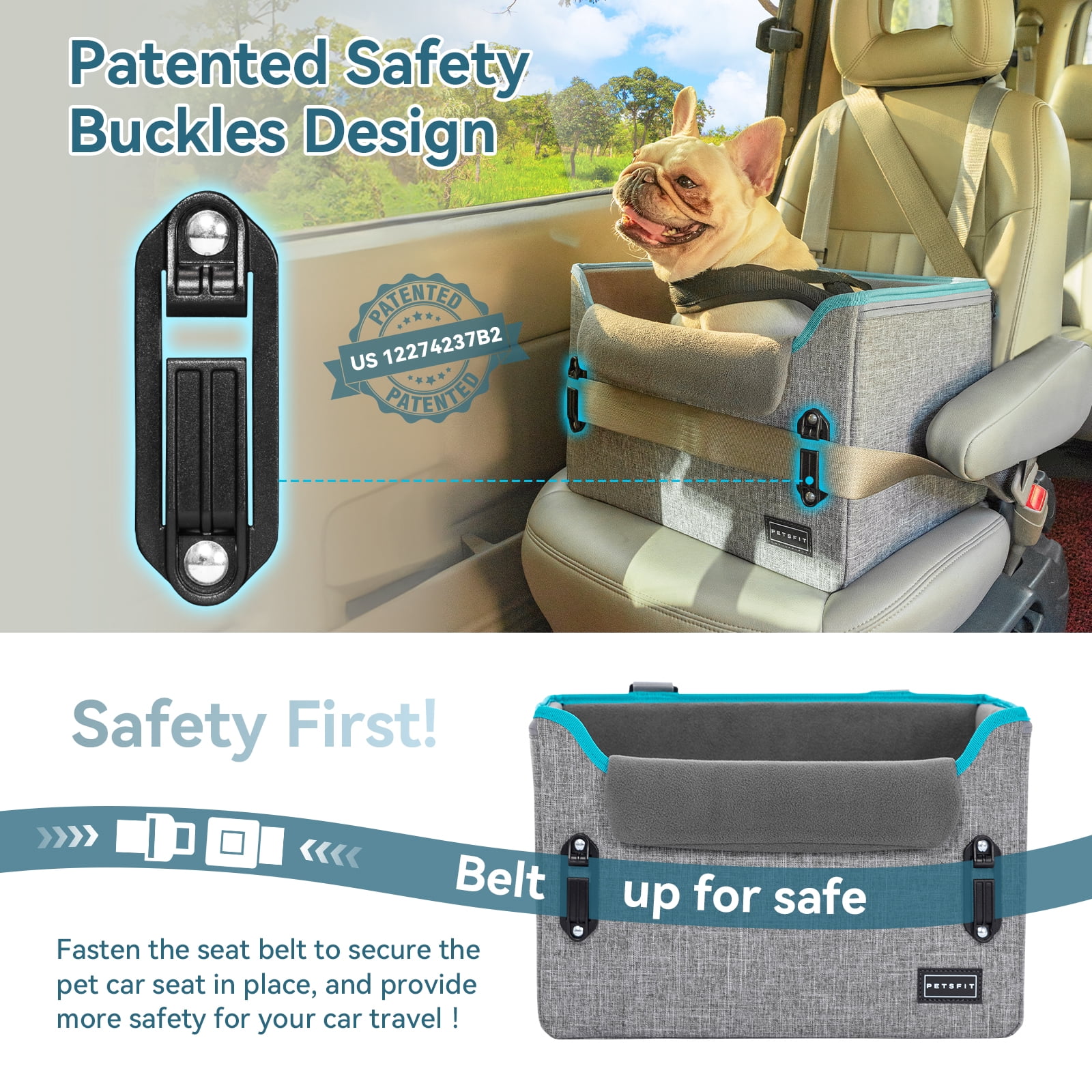 PETSFIT Dog Car Seats for Small Dogs, Portable Dog Booster Car Seat with Patent Safe Buckles,Pets Up to 25lbs ,Grey