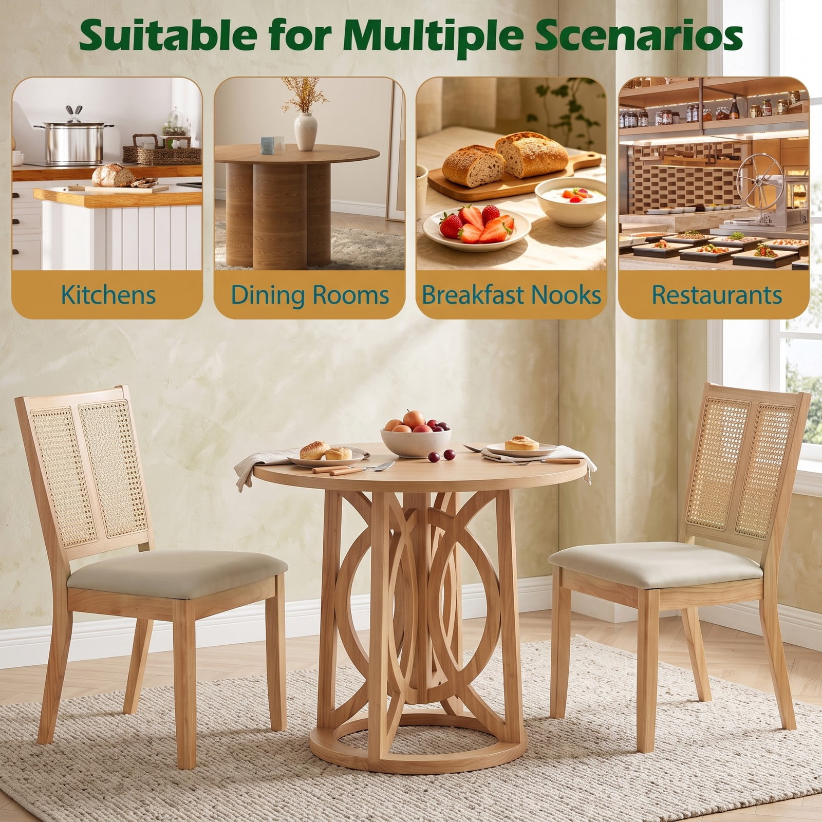 Furnibear Rattan Dining Chairs Set of 2, Upholstered Kitchen Chairs with Curved Backrest, Woven PVC Rattan Back and Padded Fabric Seat for Dining Room, Rubber, Natural