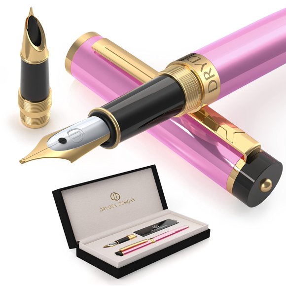 Dryden Designs Fountain Pen - Medium Nib and Fine Nib | Includes Luxury Box, 6 Ink Cartridges - 3 Black 3 Blue and Ink Refill Converter - Luscious Pink