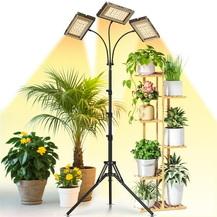 GPED Grow Light with Stand, Tri-Head LED Plant Light for Indoor Plants, Full Spectrum LED Plant Grow Light with 3/6/12H Timer, 10 Dimmable Levels & 3 Switch Modes, Adjustable Tripod Stand 21-67in