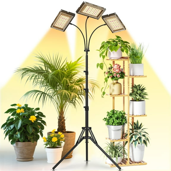 GPED Grow Light with Stand, Tri-Head LED Plant Light for Indoor Plants, Full Spectrum LED Plant Grow Light with 3/6/12H Timer, 10 Dimmable Levels & 3 Switch Modes, Adjustable Tripod Stand 21-67in