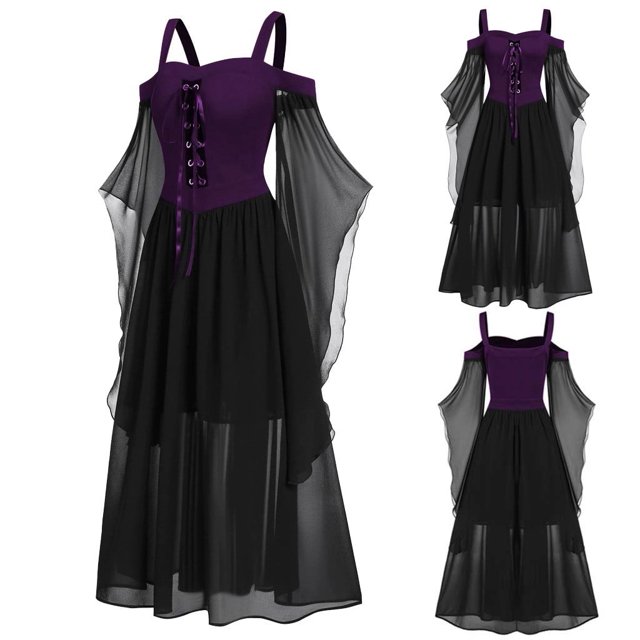 Liquidation! Robe d'Halloween pour Femmes, Robe d'Halloween pour Femmes Grande Taille à Épaules Dénudées, Manches, Laçage, Violet Foncé 4TG