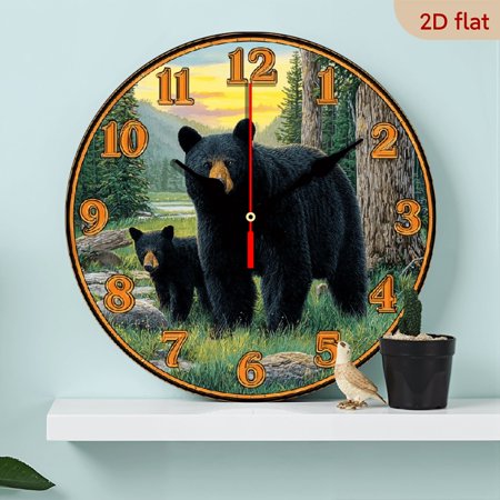 2D Flat 1pc 10Inch Wooden Vintage Black Bear And Themed Wooden Round Wall Clock, Farmhouse Style Home Decor, Suitable for Kitchen, Bedroom, Office, Silent Operation, Battery Not Included