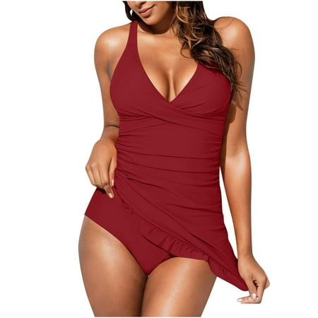 WCMZJ Women Retro Tankini Swimdress Tummy Control Bathing Suits One Piece Ruched Swim Skirt V Neck with Bikini Bottoms Red S