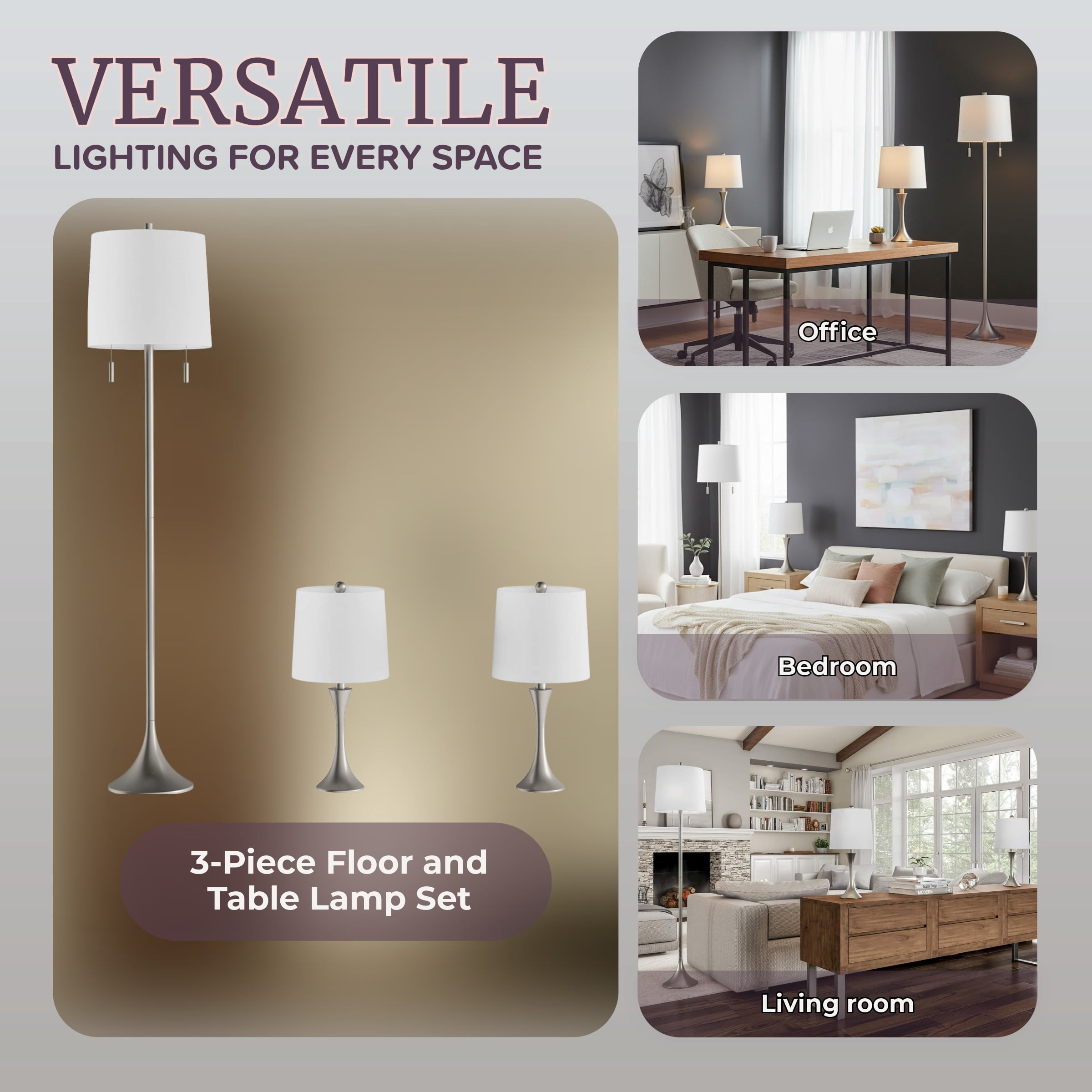 Lavish Home 3-Piece Floor and Table Lamp Set with LED Light Bulbs (Silver)