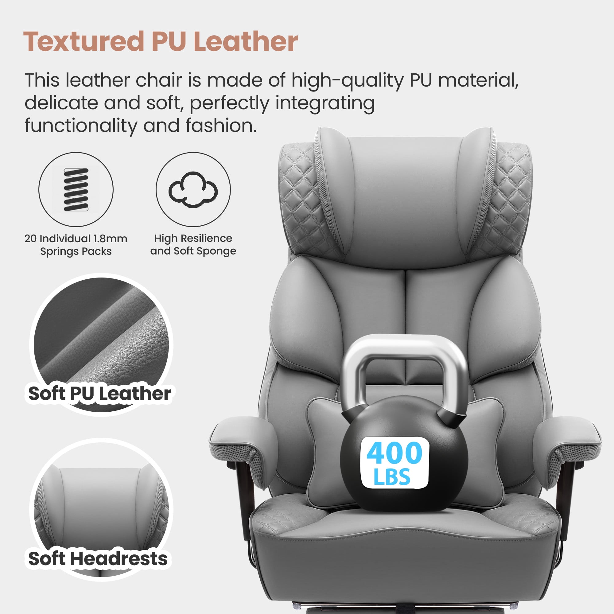 FASTES Office Chair, Big and Tall Desk Chairs with Footrest 400lbs Gaming Chair Ergonomic Executive High-Back Reclining Computer Chair Swivel Wheels and Padded Lumbar Support, Gray