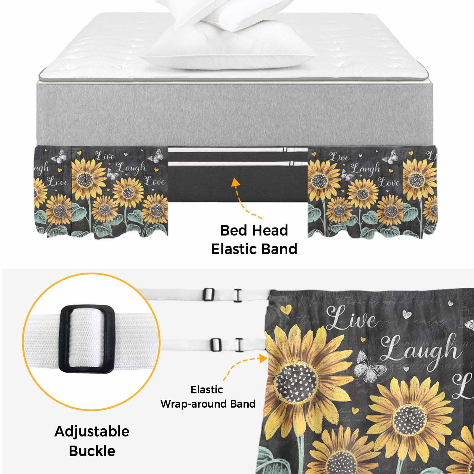 Summer Sunflowers Bed Skirt King Size 18 Inch Drop, Elastic Wrap Around Bed Skirts Pleated Luxury Dust Ruffles For Twin Full Queen Cal King Base Beds, Farmhouse Cartoon Botanical Flowers