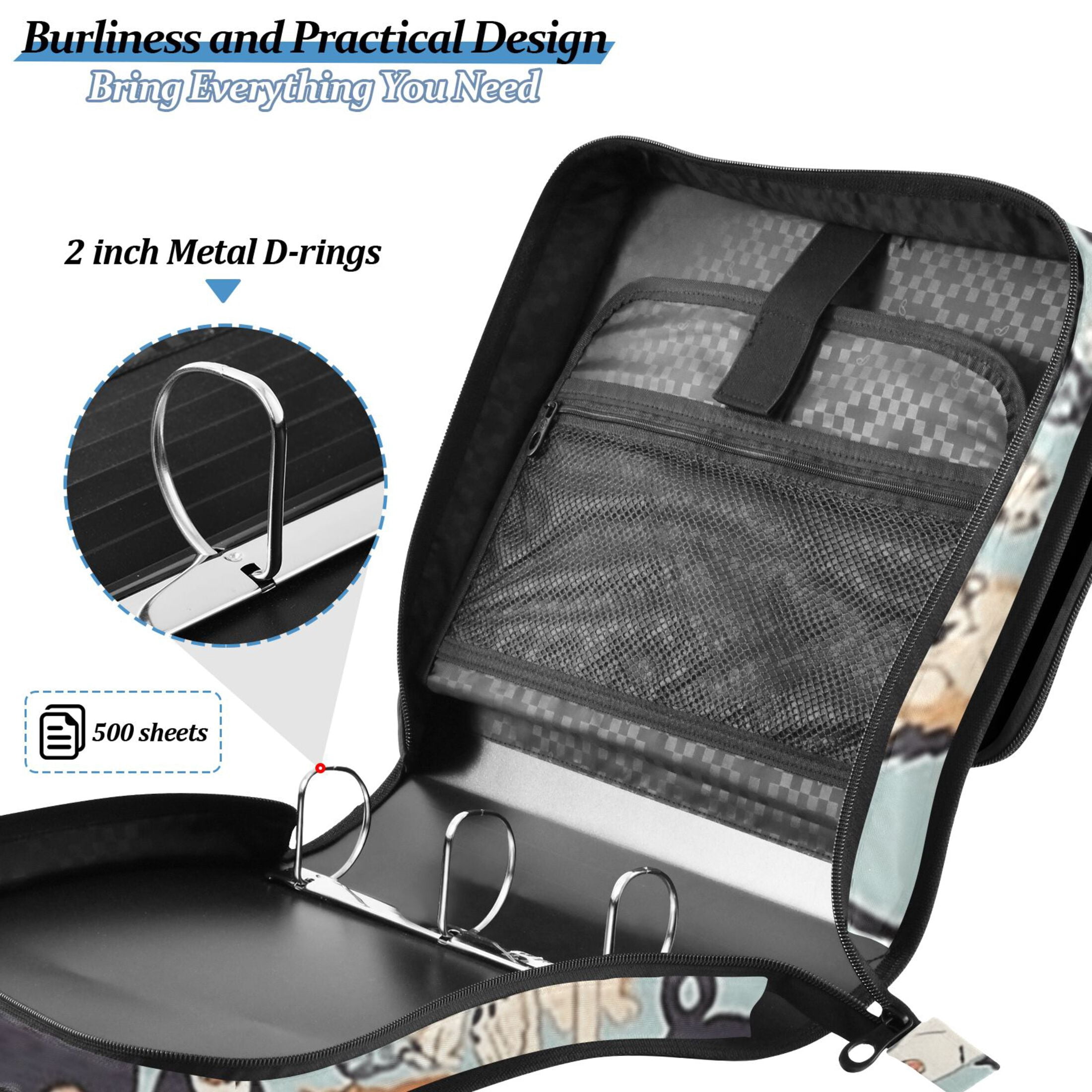 3 Ring Zipper Binder with Shoulder Strap Waterproof Trapper Keeper 2 Inch D-Ring 500 Sheets Capacity All Kinds Of Dogs