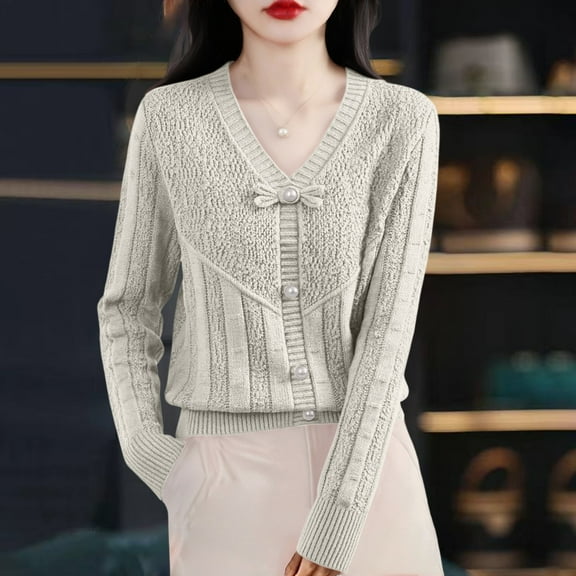 Women's Bow Tie Decoration Knit Sweater, Soft Loose Fit Long Sleeve Pullover Top, 2025 Fall New Classic Casual Blouse, Comfortable Stretchable Daily Wear for Seasonal Transition Beige L