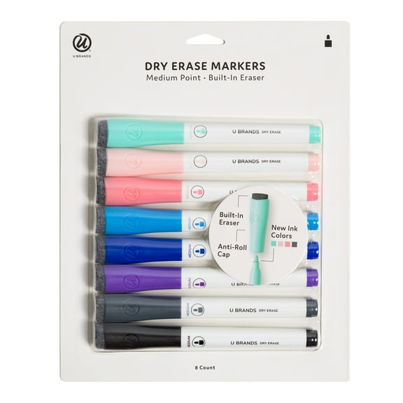 U Brands Dry Erase Markers, Low Odor Ink, Medium Bullet Tip, Assorted Colors, Pastels, 8 Count, 4689U