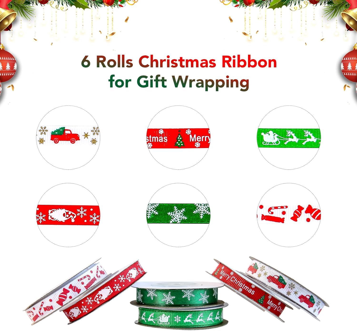60 Yards 3/8" Christmas Ribbon for Crafts, White Red and Green Holiday Grosgrain Ribbon Christmas Ribbon for Gift Wrapping Festival Holiday Party Hair Bow Clips DIY Crafts Decoration (6 Rolls)