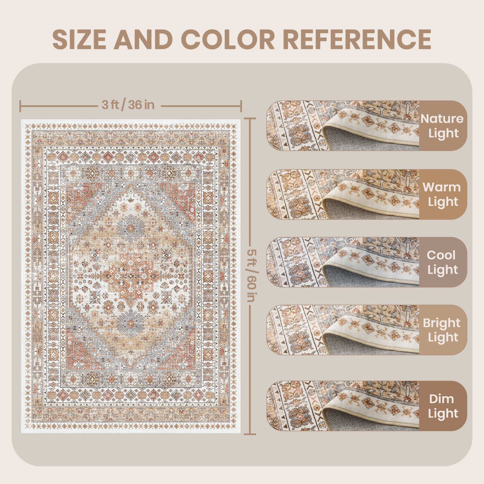 Roxstand Washable Area Rugs 3x5, Stain Resistant Lightweight Vintage Rugs for Living Room, Non Skid Farmhouse Bedroom Rugs(3'x5', Vintage03-Orange)