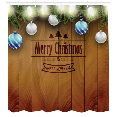 Christmas Shower Curtain Wooden Setting With Silver Balls Fairy