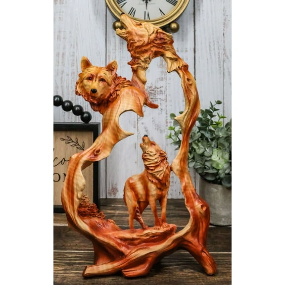 Ebros Large Rustic Faux Wood Wildlife Scene Howling Wolf Pack Figurine 12.5"H