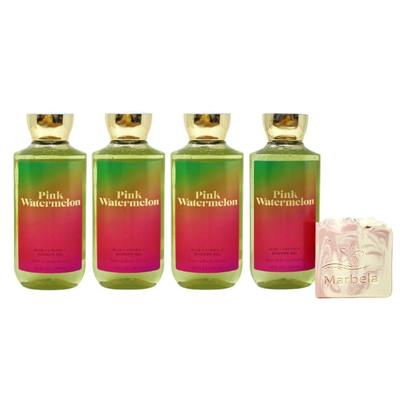 Bath & Body Works PINK WATERMELON 4 Piece Shower Gel Value Pack with a Marbela Himalayan Salts Springs Bar Soap - Full Size