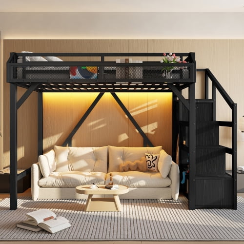 Twin Loft Bed with Storage Stairs, Shelves and Built-in Wardrobe, Metal Loft Bed Frame with USB Ports and LED Lights, Noise-reduced Design, black