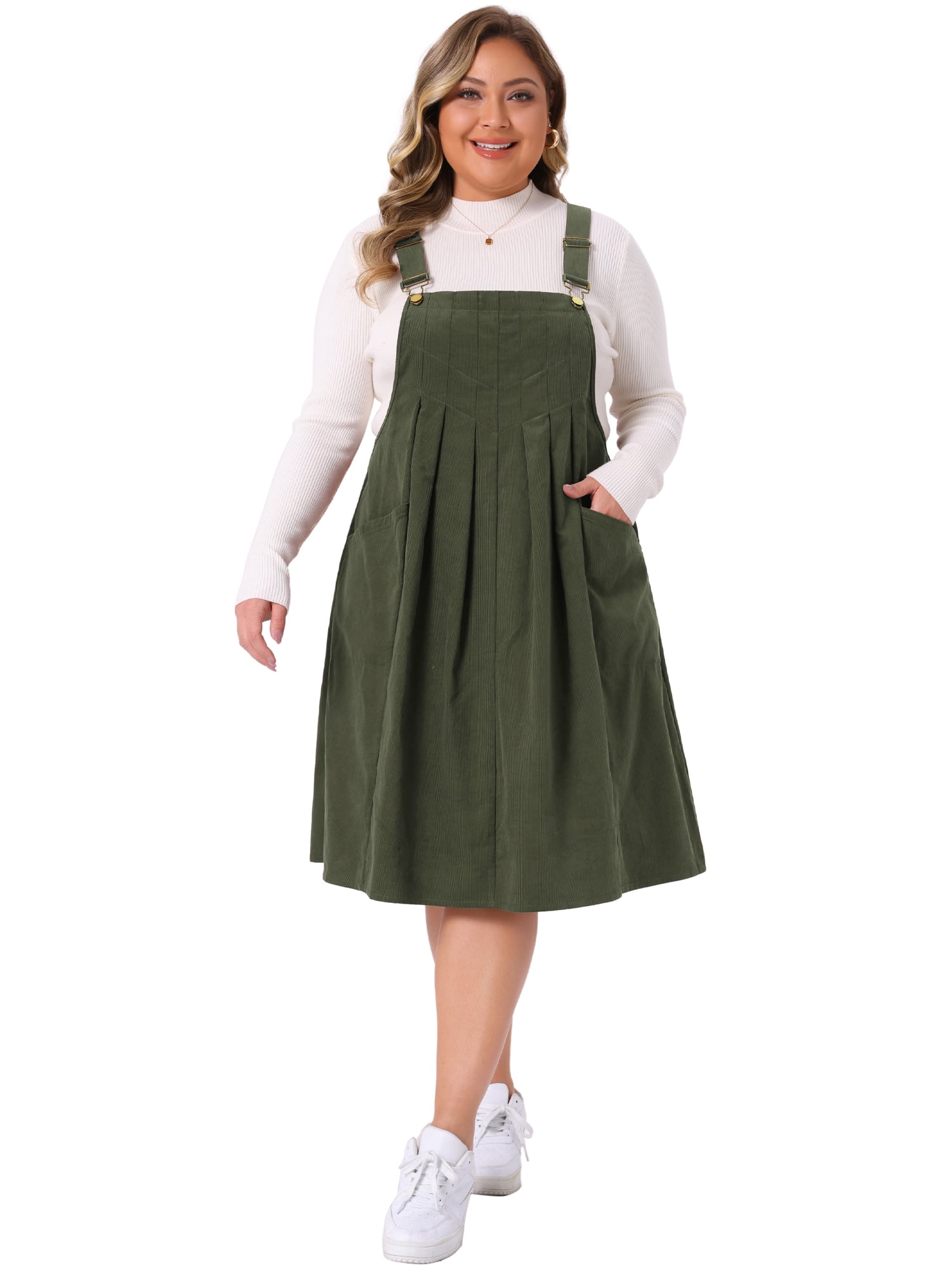 DARING DIVA Women's Plus Corduroy Pinafore Dress Pleated Skirt 1X Army Green