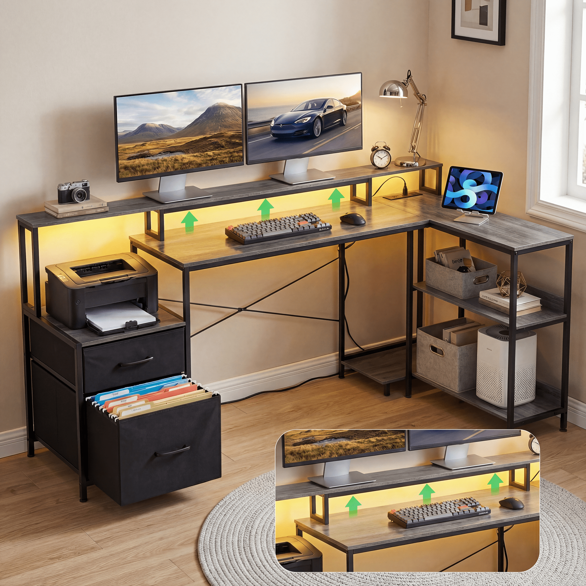 IULULU 75" Reversible L-Shaped Gaming Desk with Power Outlet and LED Strip, Computer Desk with Storage Shelves for Home Office, Gray