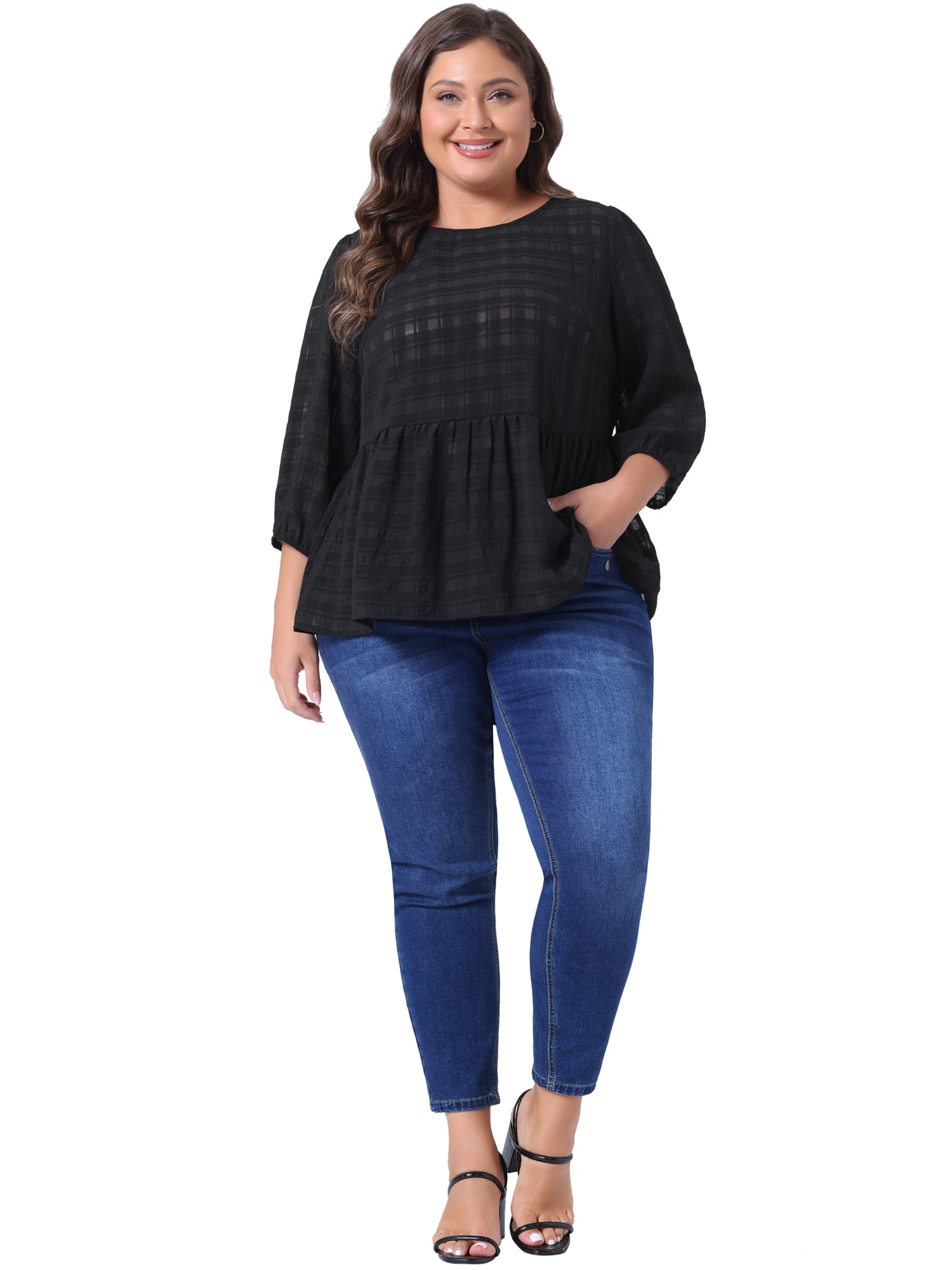 DARING DIVA Women's Plus Babydoll Round Neck 3/4 Puff Sleeves Peplum Blouse 1X Black