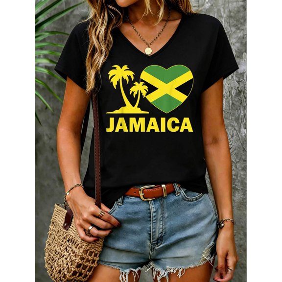 Jamaica-Shirt I Love Jamaican Flag Heart Women Men Kid Girls V Neck T-Shirt Cotton Women's V Neck Graphic Tee, Casual Short Sleeve Shirt,Vacation Outfit