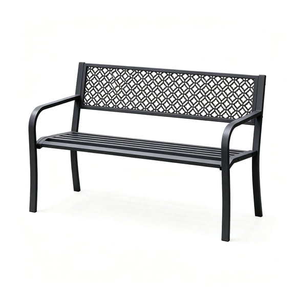 Gaderth 50 Inch Steel Patio Garden Bench for 2 Adults, Weather Resistant Metal Outdoor Bench with Geometric Backrest and Slatted Seat, Porch Deck Yard Backyard Entryway Lawn Seating Chair