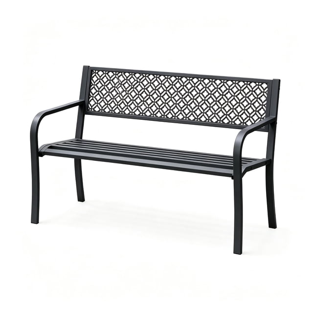 Gaderth 50 Inch Steel Patio Garden Bench for 2 Adults, Weather Resistant Metal Outdoor Bench with Geometric Backrest and Slatted Seat, Porch Deck Yard Backyard Entryway Lawn Seating Chair