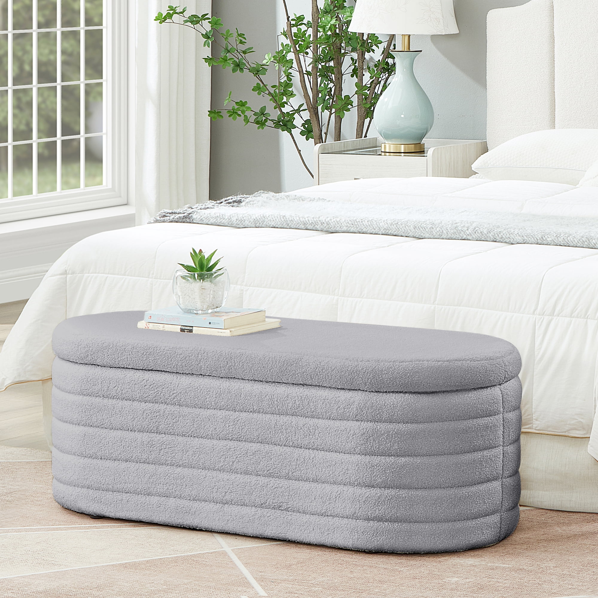 Storage Ottoman Bench End of Bed for Bedroom,43 inch Teddy Boucle Upholstered Entryway Shoe Seat Bench w/Storage,Sherpa Modern Cute Stool Foot Rest for Living Room,Window Seating,Light Gray