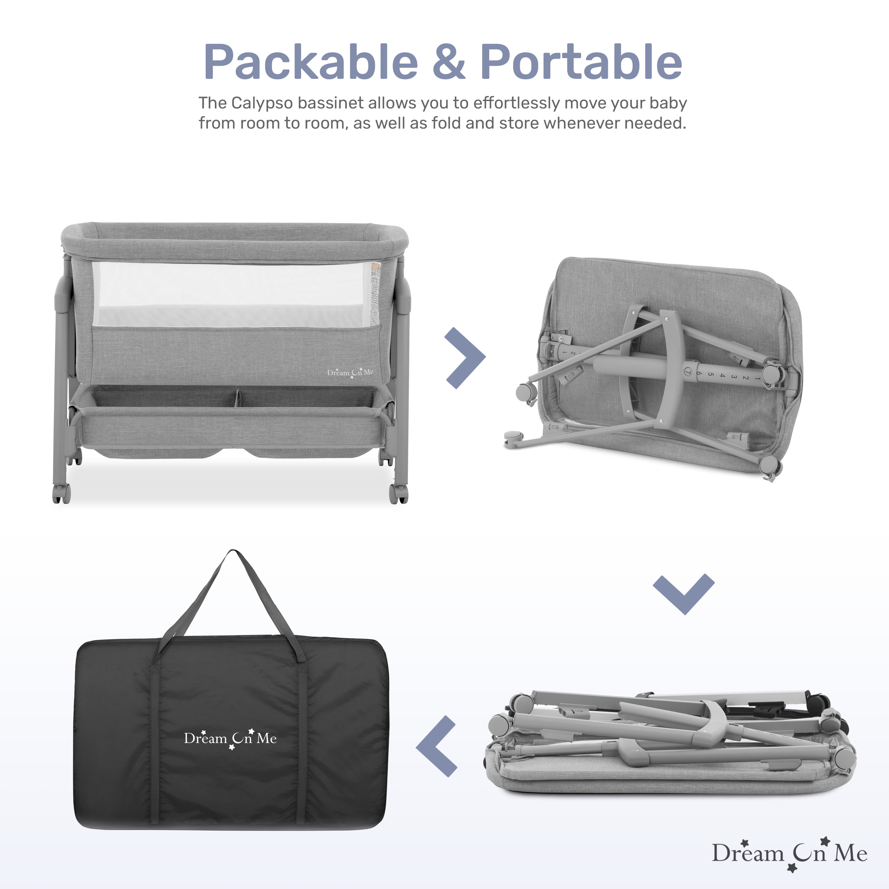 Dream On Me Calypso Portable Bassinet with Wheels, Adjustable Height, Gray